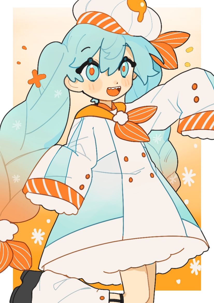 1girl, aqua_eyes, aqua_hair, border, braid, chef_hat, colored_tips, commentary