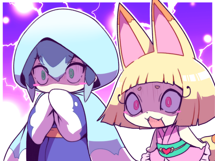 2girls, animal_ears, blonde_hair, blue_hair, blush_stickers, bob_cut, fangs, fox_ears
