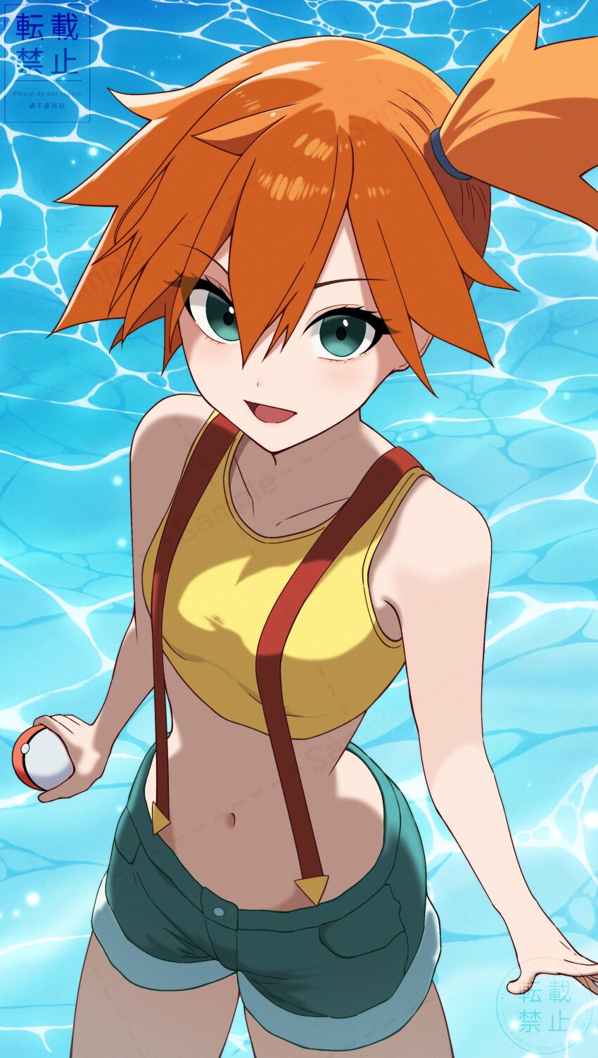 1girl, absurdres, armpits, asymmetrical_hair, blush, breasts, denim, denim_shorts, gen_1_pokemon, green_eyes, green_shorts, highres, holding, maizumi, misty_(pokemon), nintendo, poke_ball, pokemon, pokemon_(anime), pokemon_(classic_anime), ponytail, shirt, short_hair, short_shorts, shorts, side_ponytail, small_breasts, solo, suspender_shorts, suspenders, tank_top, water, yellow_shirt