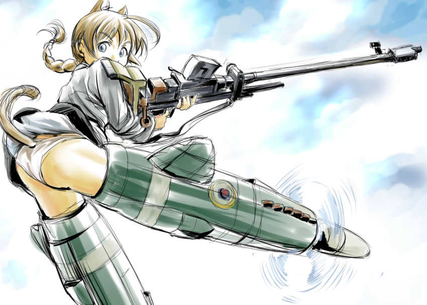 1girl, ahoge, animal_ears, anti-materiel_rifle, ass, blue_eyes, boys_anti-tank_rifle, braid