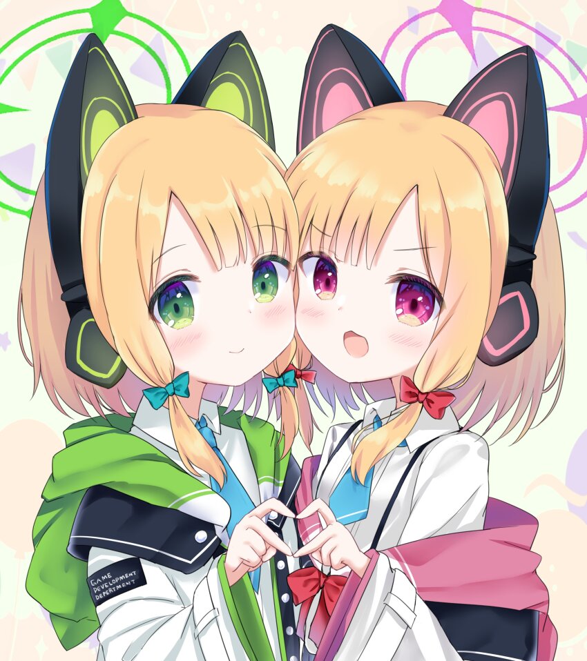 >:), 2girls, absurdres, animal_ear_headphones, animal_ears, blonde_hair, blue_archive, blue_necktie