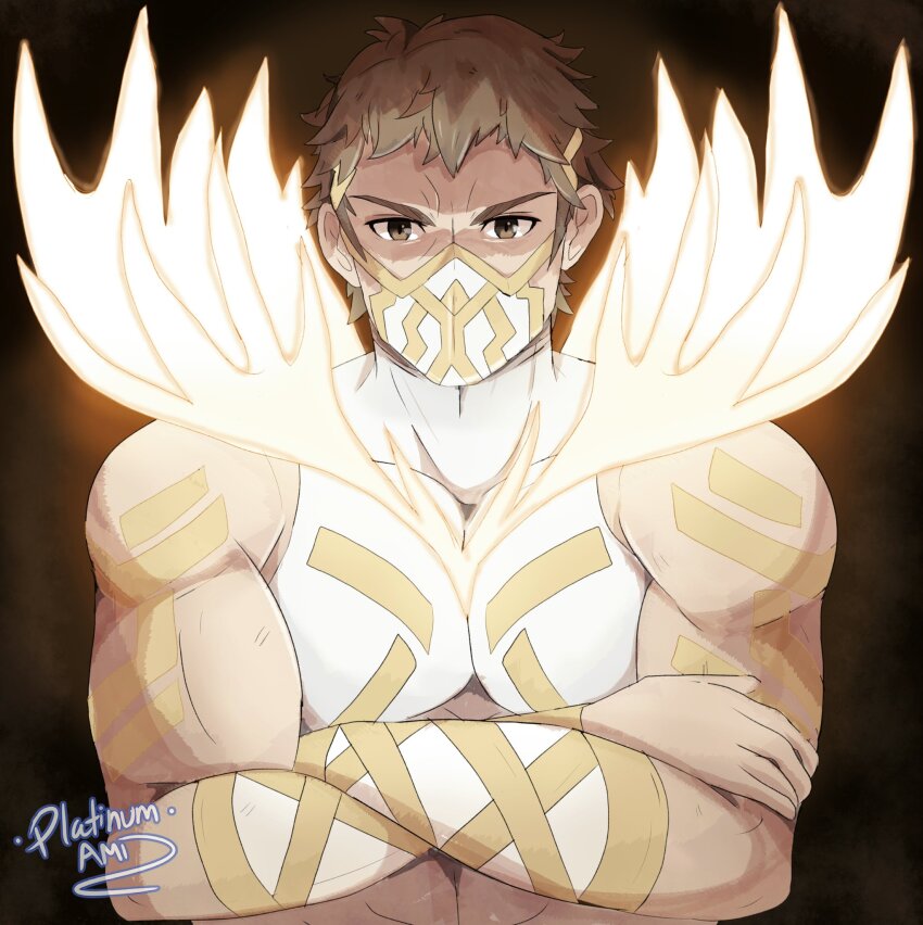 1boy, bara, brown_eyes, brown_hair, crossed_arms, eikbyrnir_(fire_emblem), fire_emblem, fire_emblem_heroes, frown, glowing, glowing_antlers, highres, looking_at_viewer, male_focus, mask, mouth_mask, muscular, muscular_male, nintendo, pectoral_squeeze, pectorals, platinum_ami, short_hair, sleeveless, solo, straight-on, thick_eyebrows, upper_body