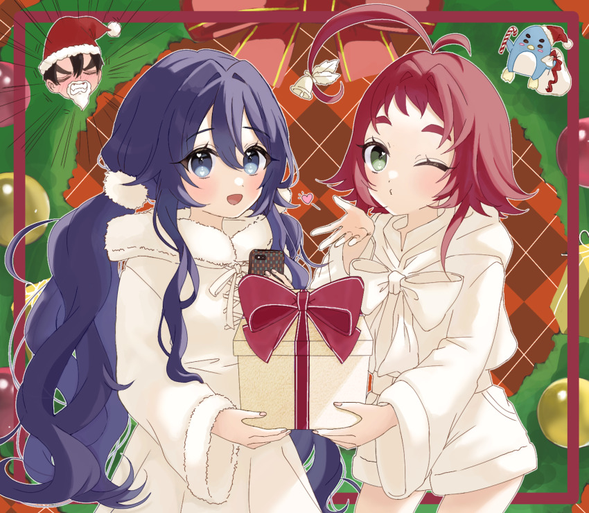 1boy, 2girls, ahoge, aijou_rentarou, antenna_hair, awahuji_miyuki, bell, blowing_kiss