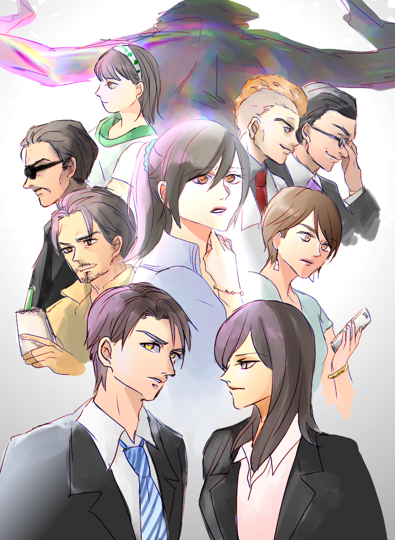 4girls, 5boys, asou_(cafe_yumegen), beard, black_hair, bracelet, brown_eyes, brown_hair