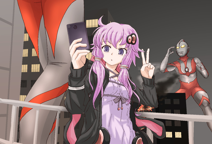 1girl, 2boys, alien, building, cellphone, city_shrouded_in_shadow, coat, crossover