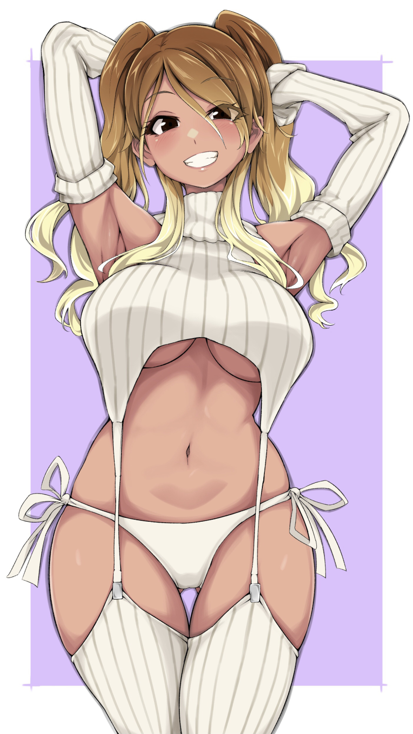 1girl, absurdres, armpits, blonde_hair, blush, breasts, brown_hair, dark-skinned_female, dark_skin, detached_sleeves, garter_straps, gradient_hair, gyaru, highres, idolmaster, idolmaster_shiny_colors, izumi_mei, large_breasts, long_hair, miso_melon, multicolored_hair, navel, panties, ribbed_panties, ribbed_sleeves, ribbed_sweater, ribbed_thighhighs, side-tie_panties, simple_background, sleeveless, sleeveless_sweater, sleeveless_turtleneck, smile, solo, sweater, thigh_gap, thighhighs, thighs, turtleneck, turtleneck_sweater, underboob, underwear, virgin_destroyer_sweater, white_garter_straps, white_panties, white_sweater