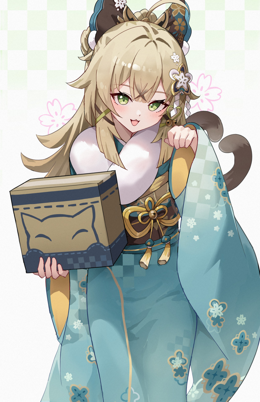 1girl, absurdres, ahoge, animal_ears, blonde_hair, blush, box, cat_ears