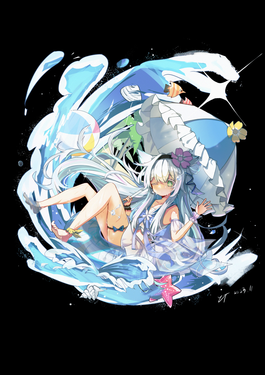 1girl, absurdres, alternate_costume, animal_ear_fluff, animal_ears, ankle_ribbon, arknights, ball