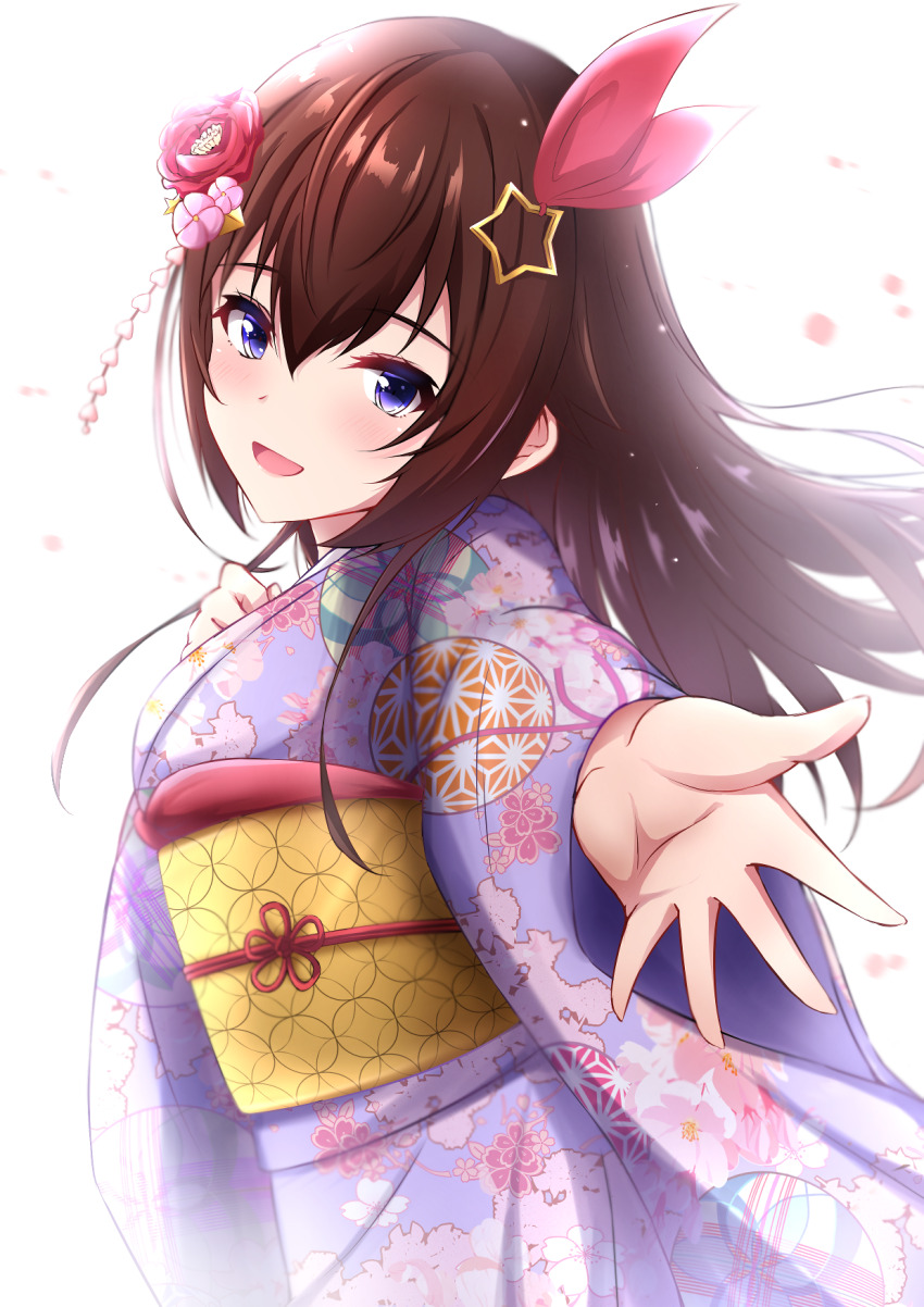 1girl, blue_eyes, brown_hair, floral_print, floral_print_kimono, flower, hair_flower, hair_ornament