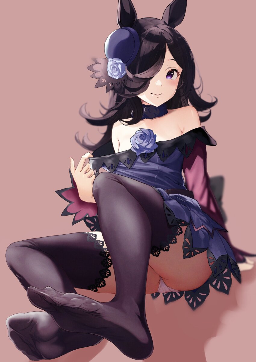 1girl, absurdres, animal_ears, arm_support, bare_shoulders, black_hair, black_thighhighs, blue_flower