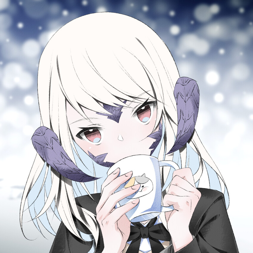 1girl, au_ra, black_bow, black_bowtie, black_suit, bow, bowtie, breasts, covered_mouth, cup, dragon_girl, dragon_horns, dragon_scales, fat_cat_(ff14), feet_out_of_frame, final_fantasy, final_fantasy_xiv, formal_clothes, head_tilt, highres, holding, holding_cup, horns, long_hair, looking_at_viewer, red_eyes, simple_background, small_breasts, solo, suit, upper_body, warrior_of_light_(ff14), white_hair