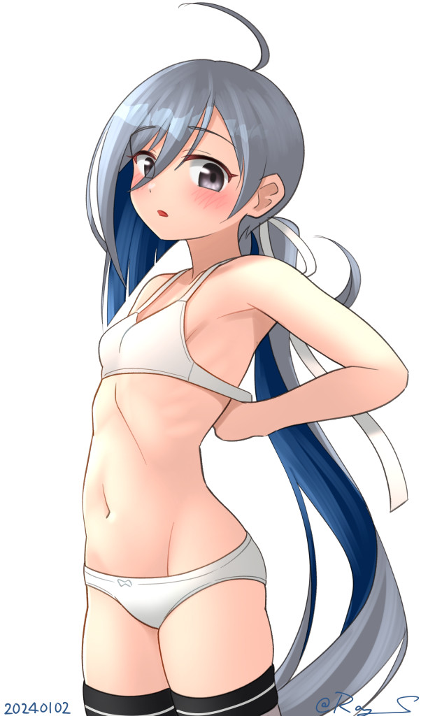 1girl, ahoge, black_thighhighs, bra, breasts, check_commentary, commentary_request, dated, grey_eyes, grey_hair, hair_between_eyes, hair_bun, kantai_collection, kiyoshimo_(kancolle), kiyoshimo_kai_ni_(kancolle), long_hair, low_twintails, navel, one-hour_drawing_challenge, panties, ray.s, simple_background, single_hair_bun, small_breasts, solo, thighhighs, training_bra, twintails, twitter_username, underwear, underwear_only, very_long_hair, white_background, white_panties
