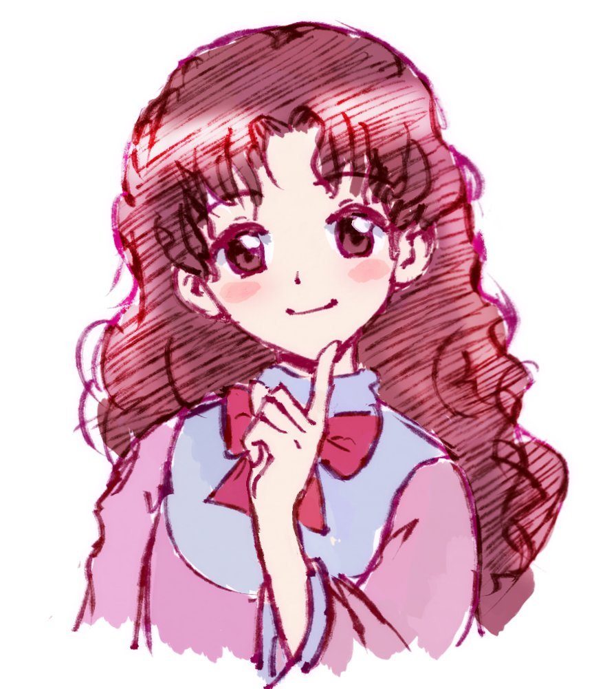 1girl, bow, bowtie, brown_eyes, brown_hair, closed_mouth, finger_to_own_chin, hair_intakes