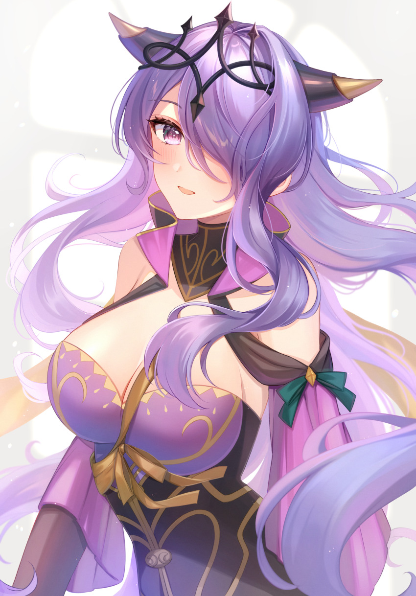 1girl, :d, bare_shoulders, breasts, camilla_(alluring_darkness)_(fire_emblem), camilla_(fire_emblem), cleavage, commentary_request