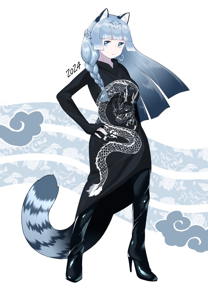 1girl, 2024, absurdres, alternate_costume, alternate_hairstyle, animal_ears, black_boots, black_dress