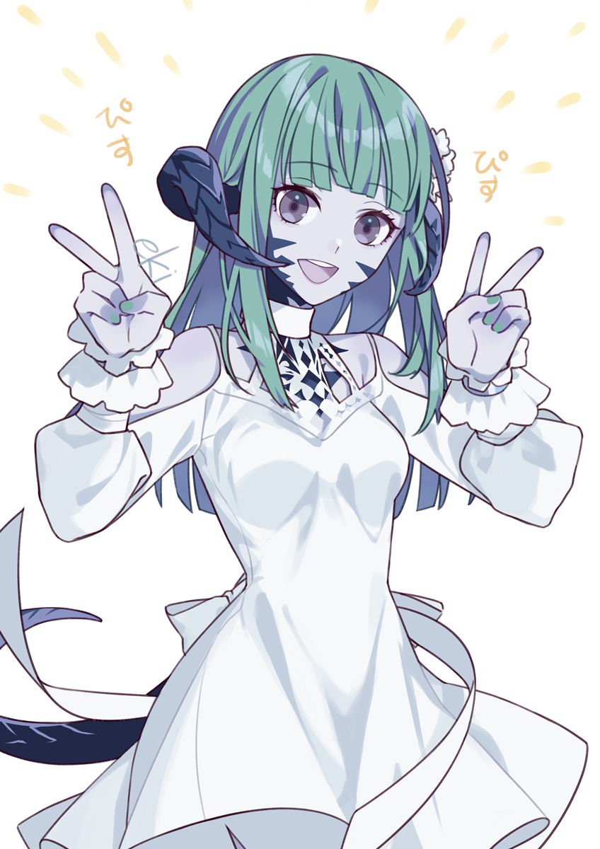 1girl, au_ra, bare_shoulders, blue_skin, breasts, colored_skin, double_v, dragon_girl