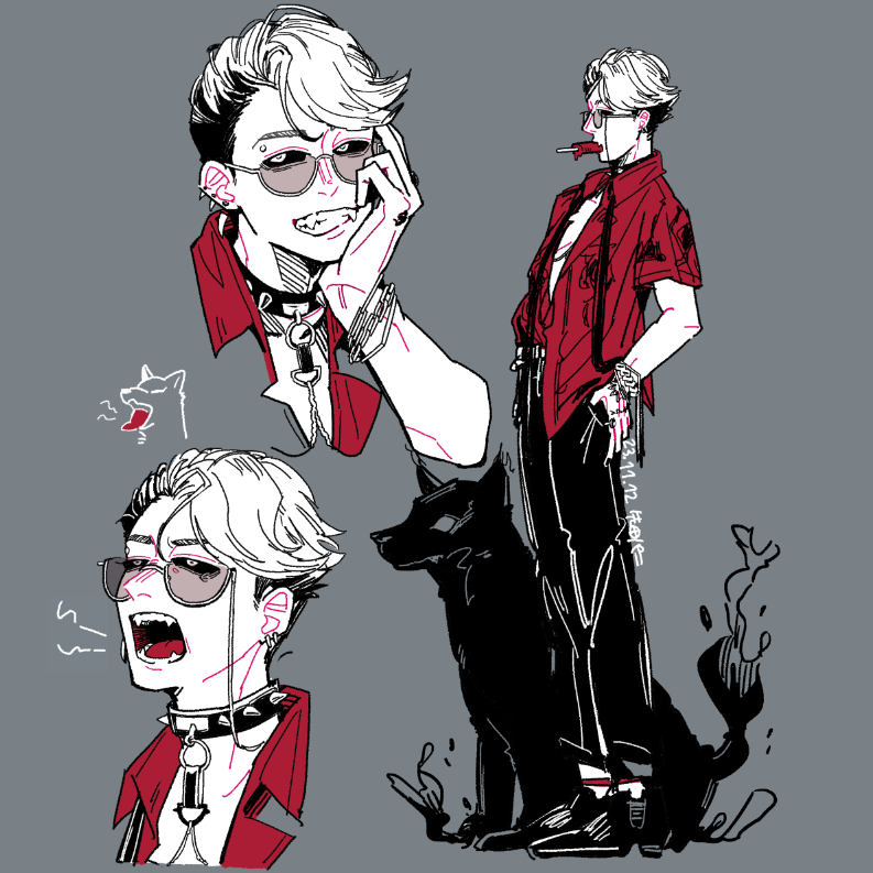 1boy, artist_name, black_collar, black_footwear, black_pants, black_sclera, collar, collared_shirt