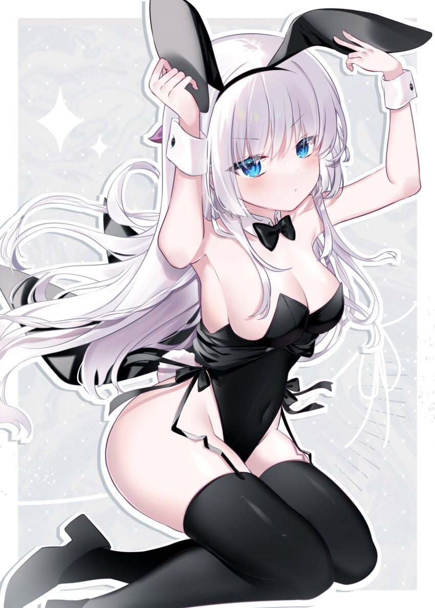 1girl, alternate_costume, animal_ears, arms_up, black_bow, black_bowtie, black_footwear, black_leotard