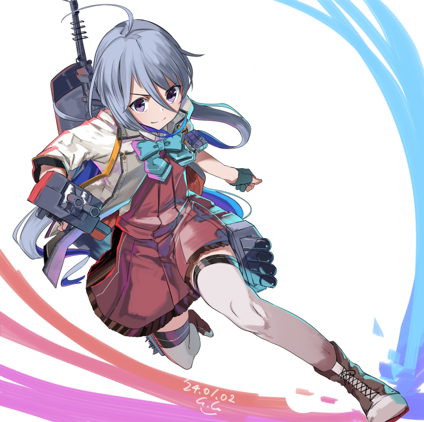 1girl, absurdres, adapted_turret, ahoge, aqua_bow, aqua_bowtie, black_gloves, bow