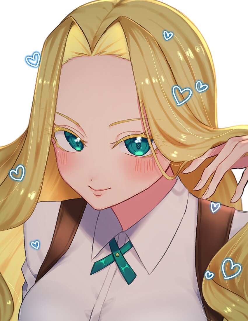 1girl, aqua_eyes, blonde_hair, blush, close-up, closed_mouth, collared_shirt, forehead