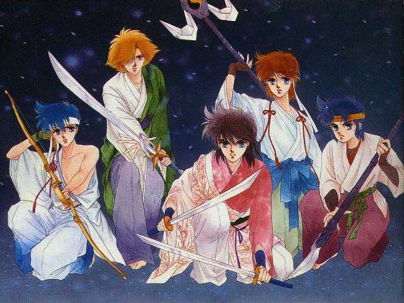 1990s_(style), 5boys, black_hair, blonde_hair, blue_hair, bow_(weapon), brown_hair, cherry_blossoms, date_seiji, hashiba_touma, japanese_clothes, katana, kimono, male_focus, mouri_shin, multiple_boys, naginata, ootachi, polearm, retro_artstyle, sanada_ryou, shue_rei_fuan, spear, sword, weapon, yoroiden_samurai_troopers