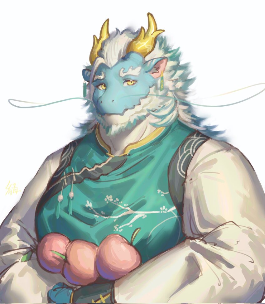 1boy, 2024, alternate_costume, aqua_skin, bara, beard, chinese_zodiac, colored_skin, dragon_boy, facial_hair, food, fruit, full_beard, furry, furry_male, highres, holding, holding_food, long_hair, long_mustache, male_focus, mature_male, moaoxnx, mustache, peach, pectorals, qinglong_(housamo), simple_background, solo, thick_beard, thick_eyebrows, tokyo_houkago_summoners, two-tone_beard, unfinished, upper_body, white_background, year_of_the_dragon, yellow_eyes