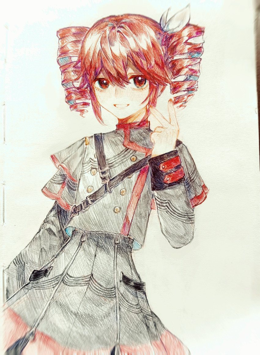 1girl, arm_at_side, bow, buttons, chinese_commentary, commentary_request, cowboy_shot, double-breasted