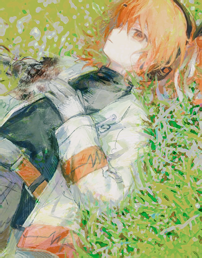 1girl, a.i._voice, adachi_rei, amputee, android, belt, belt_pouch, black_shirt, blank_stare, chinese_commentary, commentary_request, cowboy_shot, dutch_angle, expressionless, grass, hair_ribbon, hair_spread_out, hand_on_own_chest, headphones, hokusei_(na75663067), jacket, long_sleeves, looking_up, lying, mechabare, medium_hair, on_back, on_ground, one_side_up, open_clothes, open_jacket, orange_belt, orange_eyes, orange_hair, pouch, ribbon, shirt, solo, turtleneck, utau, white_jacket, white_ribbon