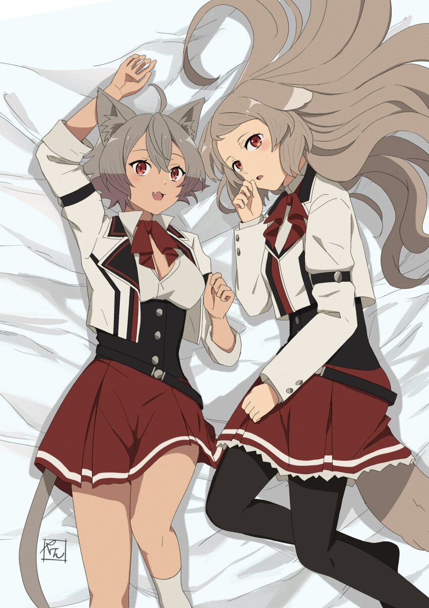 2girls, :3, :d, :o, arm_up, ascot, bed, belt, black_belt, black_pantyhose, cat_girl, commentary_request, dog_girl, fang, feet_out_of_frame, hand_up, highres, jacket, light_brown_hair, linia_dedoldia, long_hair, long_sleeves, looking_at_viewer, lying, multiple_girls, mushoku_tensei, on_back, open_mouth, pantyhose, pursena_adoldia, ranoa_magic_academy_school_uniform, red_ascot, red_eyes, red_skirt, school_uniform, shirt, short_hair, signature, skirt, smile, socks, thighs, white_jacket, white_shirt, white_socks, yaken_(11keionnota06)
