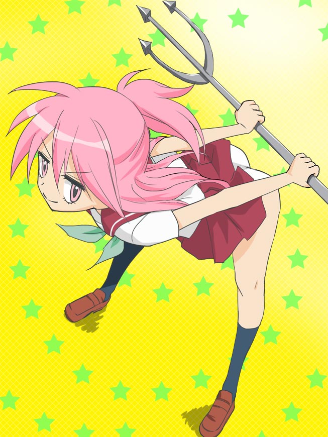 1girl, ass, closed_mouth, fujiwara_megumi, full_body, haruyama_kazunori, high_score, long_hair, looking_at_viewer, panties, pink_hair, pleated_skirt, polearm, ponytail, school_uniform, skirt, solo, trident, underwear, weapon, white_panties