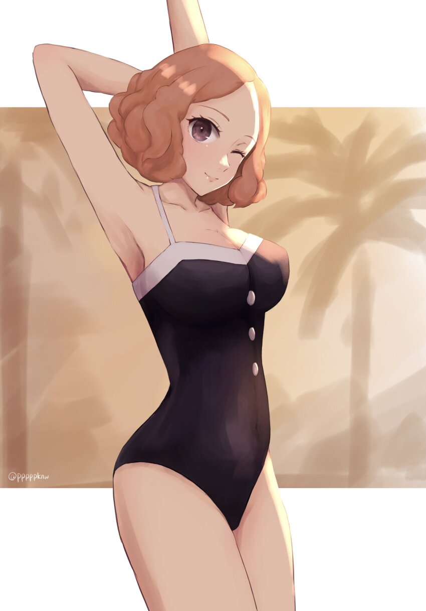 1girl, armpit_crease, black_one-piece_swimsuit, breasts, brown_eyes, brown_hair, commentary_request, highres