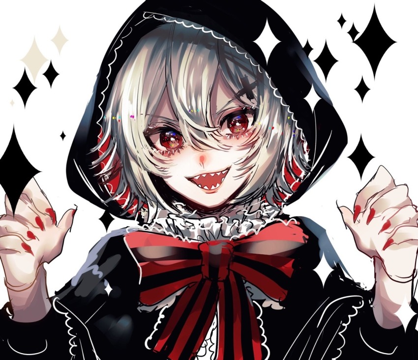 1boy, black_cloak, black_hood, black_sleeves, blonde_hair, bow, bowtie, claw_pose, cloak, collared_shirt, commentary_request, eyelashes, fingernails, frilled_shirt_collar, frills, hair_between_eyes, hair_ornament, high_collar, hood, hood_up, hooded_cloak, lace-trimmed_bowtie, lace-trimmed_cloak, lace-trimmed_hood, lace_trim, light_blush, long_sleeves, looking_at_viewer, male_focus, nail_polish, open_mouth, original, red_bow, red_bowtie, red_eyes, red_hood, red_nails, sharp_fingernails, sharp_teeth, shirt, short_hair, simple_background, smile, solo, sparkle, suzune_hapinesu, teeth, trap, two-sided_hood, upper_body, white_background, white_shirt, x_hair_ornament