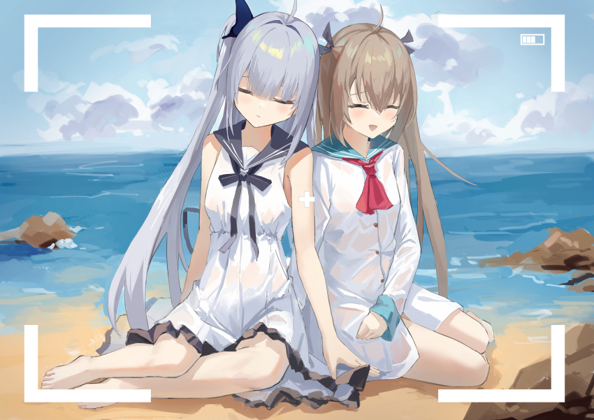 2girls, :d, ^_^, absurdres, ahoge, arms_at_sides, ascot, atri