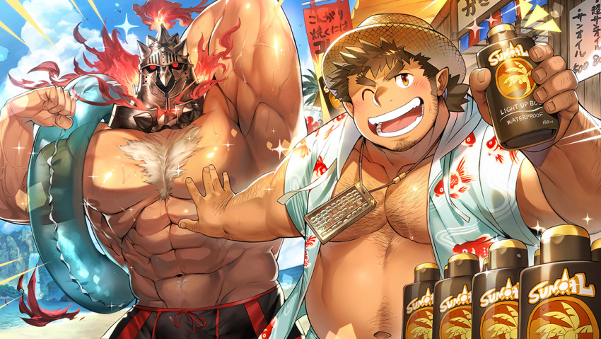 2boys, abs, andvari_(housamo), bara, bare_pectorals, dwarf, embers, fai_(fai-storage)