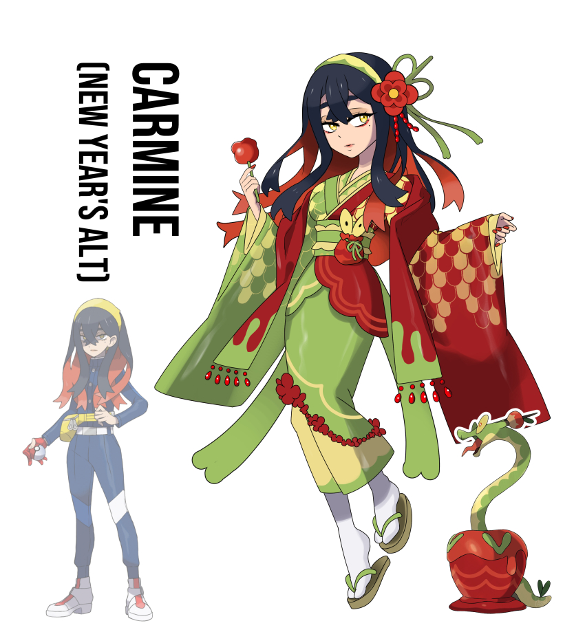 1girl, 2024, absurdres, candy_apple, carmine_(pokemon), chinese_zodiac, closed_mouth, colored_inner_hair