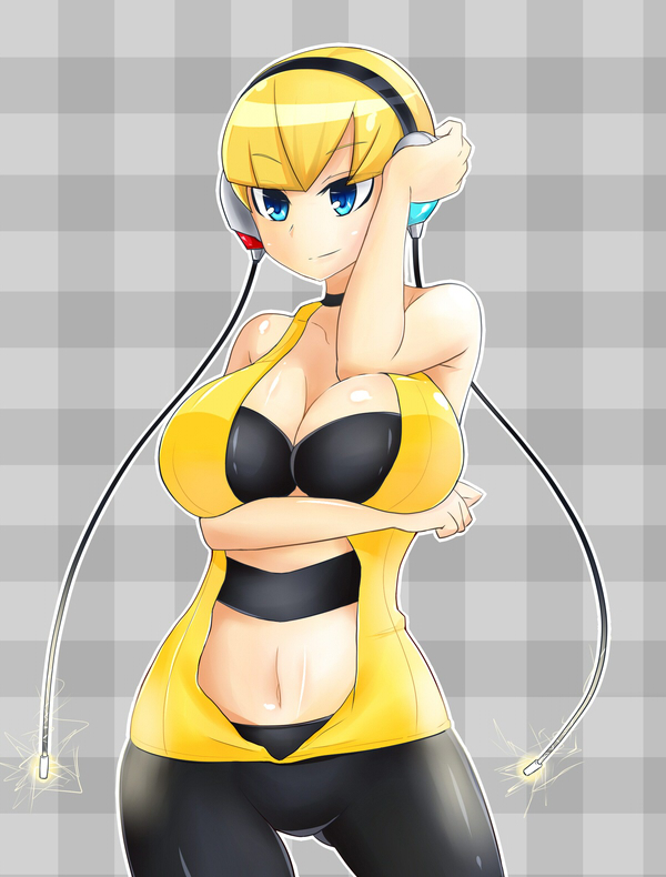 10s, 1girl, bare_shoulders, blonde_hair, blue_eyes, breasts, center_opening, cleavage, electricity, elesa_(pokemon), female_focus, gym_leader, halterneck, hand_on_head, headphones, heka=ton, huge_breasts, navel, nintendo, pokemon, pokemon_black_and_white, short_hair, simple_background, smile, solo