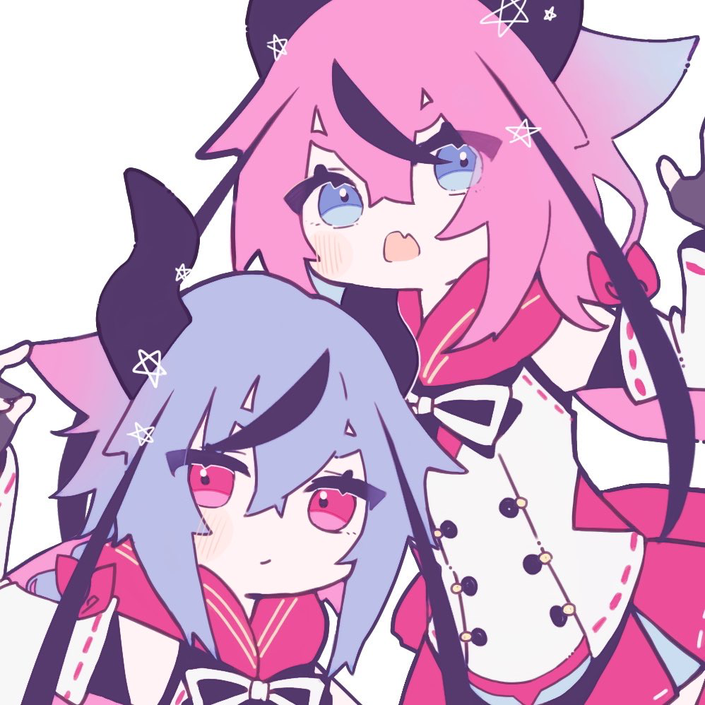 2others, black_gloves, black_hair, blue_eyes, blue_hair, blush, bow, bowtie