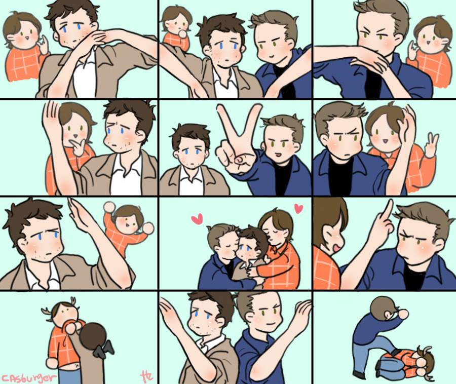 angel, antlers, aqua_background, beard_stubble, black_wings, blue_eyes, blue_jacket, boy_sandwich, brothers, brown_hair, casburger, castiel, checkered_clothes, checkered_shirt, clothes_grab, coat, commentary, couple, covering_face, dean_winchester, english_commentary, facial_hair, fetal_position, full_body, green_eyes, heart, horns, hug, hug_from_behind, jacket, kicking, kiss, kissing_cheek, korean_commentary, lifting_person, looking_at_viewer, male_focus, middle_finger, moose_boy, multiple_views, photobomb, raised_eyebrow, sam_winchester, sandwiched, shirt, short_hair, siblings, side-by-side, simple_background, smile, stubble, supernatural_(tv_series), trench_coat, upper_body, v, wings, yaoi