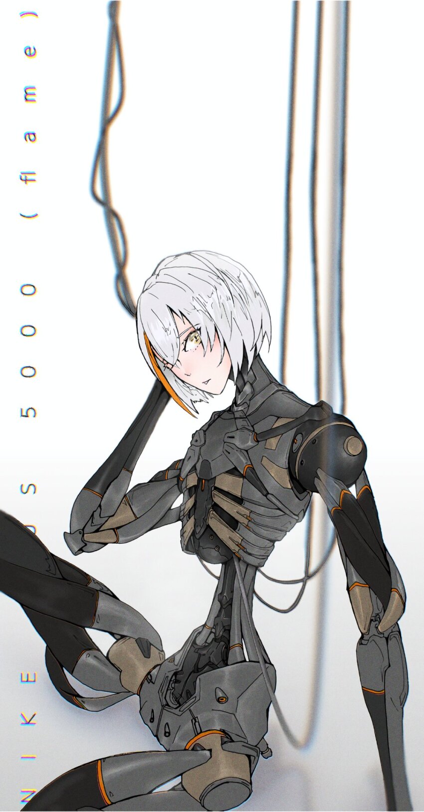 1girl, cable, cyborg, grey_hair, hair_between_eyes, highres, joints, kyuz787297571, looking_at_viewer, mechabare, medium_hair, multicolored_hair, orange_hair, parted_lips, punishing:_gray_raven, robot_joints, rosetta:_rigor_(niki_us1000)_(pgr), rosetta_(pgr), solo, streaked_hair, yellow_eyes