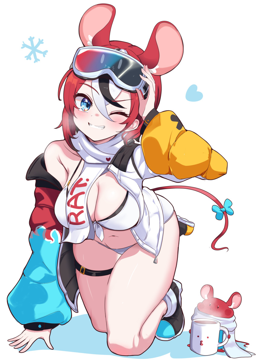 1girl, absurdres, alternate_costume, alternate_hairstyle, animal_ears, arm_support, arm_up, bikini
