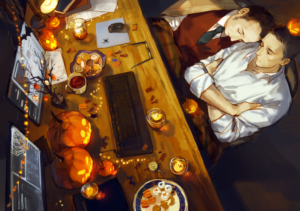 black_hair, candle, candy, closed_eyes, computer, couple, crossed_arms, food, glasses, halloween, harold_finch_(person_of_interest), head_on_another's_shoulder, heads_together, indoors, john_reese_(person_of_interest), computer_keyboard, lollipop, male_focus, mature_male, monitor, computer_mouse, person_of_interest, pumpkin, short_hair, sideburns, sitting, sleeping, under_covers, unworn_eyewear, wwwe314, yaoi