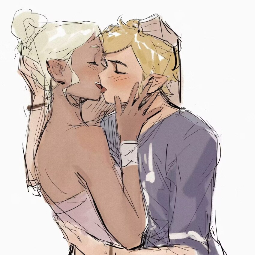 1boy, 1girl, bare_shoulders, blonde_hair, blush, couple, dark-skinned_female, dark_skin