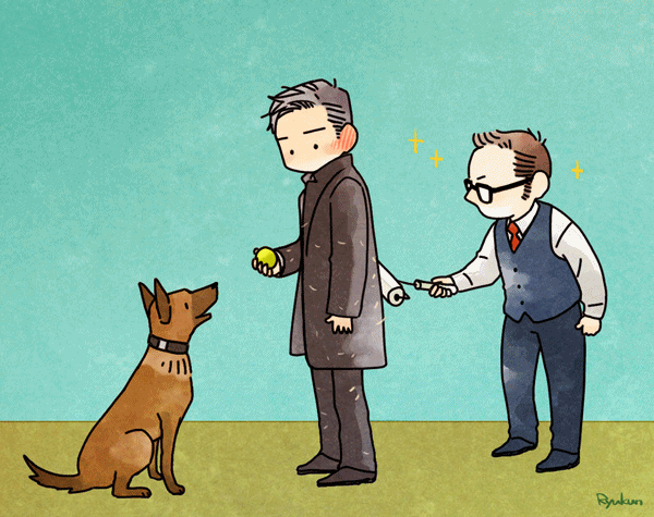 2boys, animal_hair, animated, animated_gif, ball, bear_(person_of_interest), black_hair, black_suit, blush, brown_hair, chibi, dog, ear_blush, formal_clothes, full_body, glasses, harold_finch_(person_of_interest), holding, holding_ball, john_reese_(person_of_interest), korean_commentary, lint_roller, male_focus, mature_male, multiple_boys, person_of_interest, rainboxxx, shedding, simple_background, solid_circle_eyes, sparkle, suit, vest
