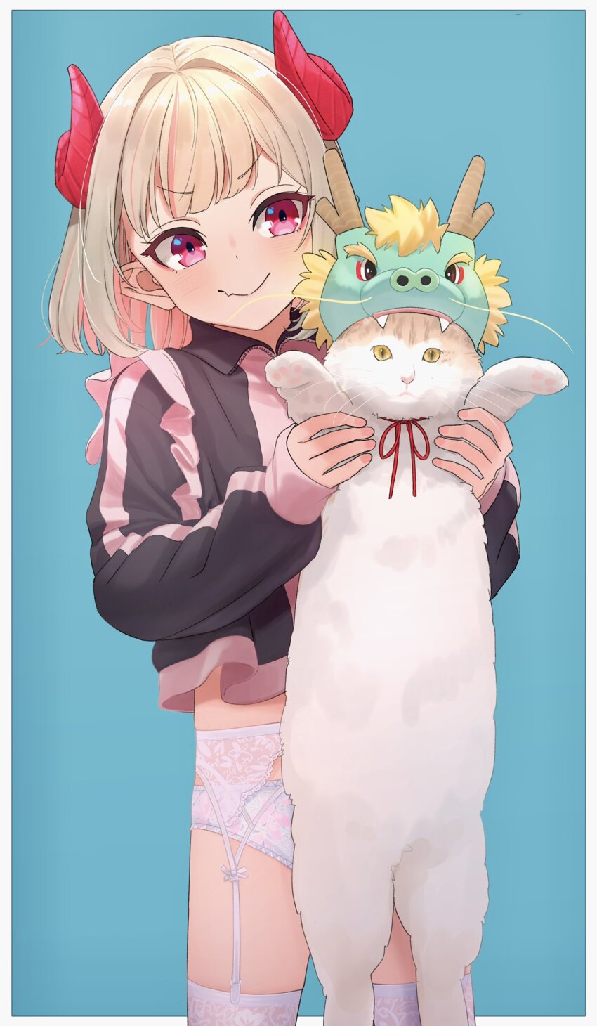 1girl, alternate_costume, alternate_hairstyle, animal, armpit_carry, black_jacket, blonde_hair, blue_background