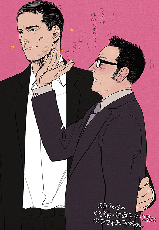 2boys, beard_stubble, black_hair, black_suit, blush, closed_eyes, couple, dark-skinned_male