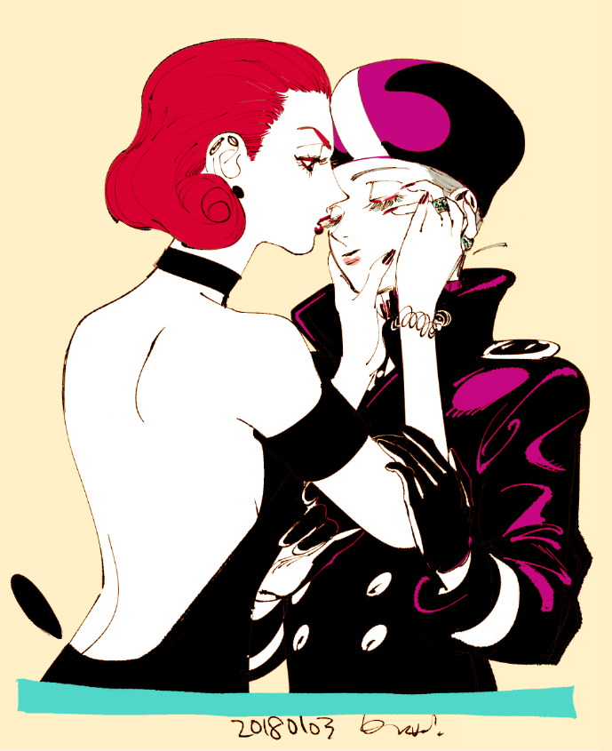 2girls, backless_dress, backless_outfit, beth_(veil), black_dress, black_gloves, blonde_hair, buttons, closed_eyes, coat, collared_coat, commentary, cream_background, dated, dress, earrings, emma_(veil), eyelashes, gloves, hair_slicked_back, hat, jewelry, kotteri, looking_at_another, multiple_girls, multiple_rings, profile, red_hair, ring, simple_background, smile, upper_body, veil_(manga)