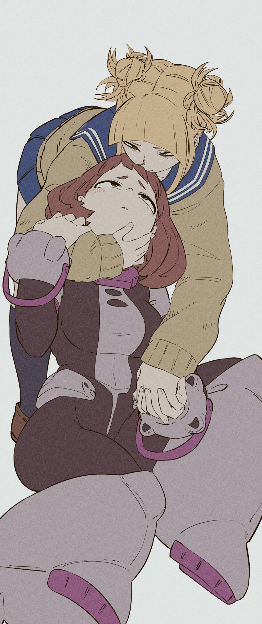 2girls, absurdres, blonde_hair, blush, bodysuit, boku_no_hero_academia, brown_hair, couple