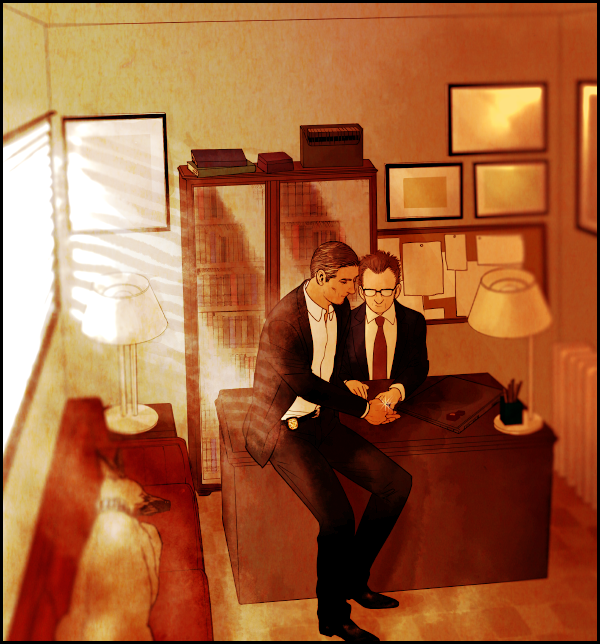 2boys, bear_(person_of_interest), black_hair, black_suit, brown_hair, couch, couple, dark-skinned_male