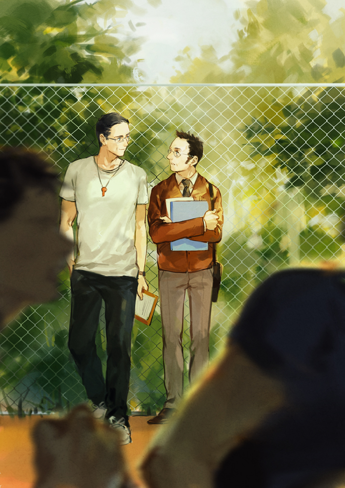 2boys, against_fence, bag, black_hair, black_pants, chain-link_fence, clipboard, dark-skinned_male