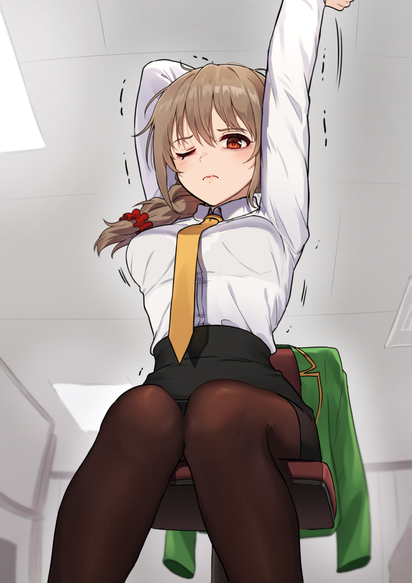 1girl, ;(, arm_behind_head, arms_up, black_skirt, blush, braid, braided_ponytail